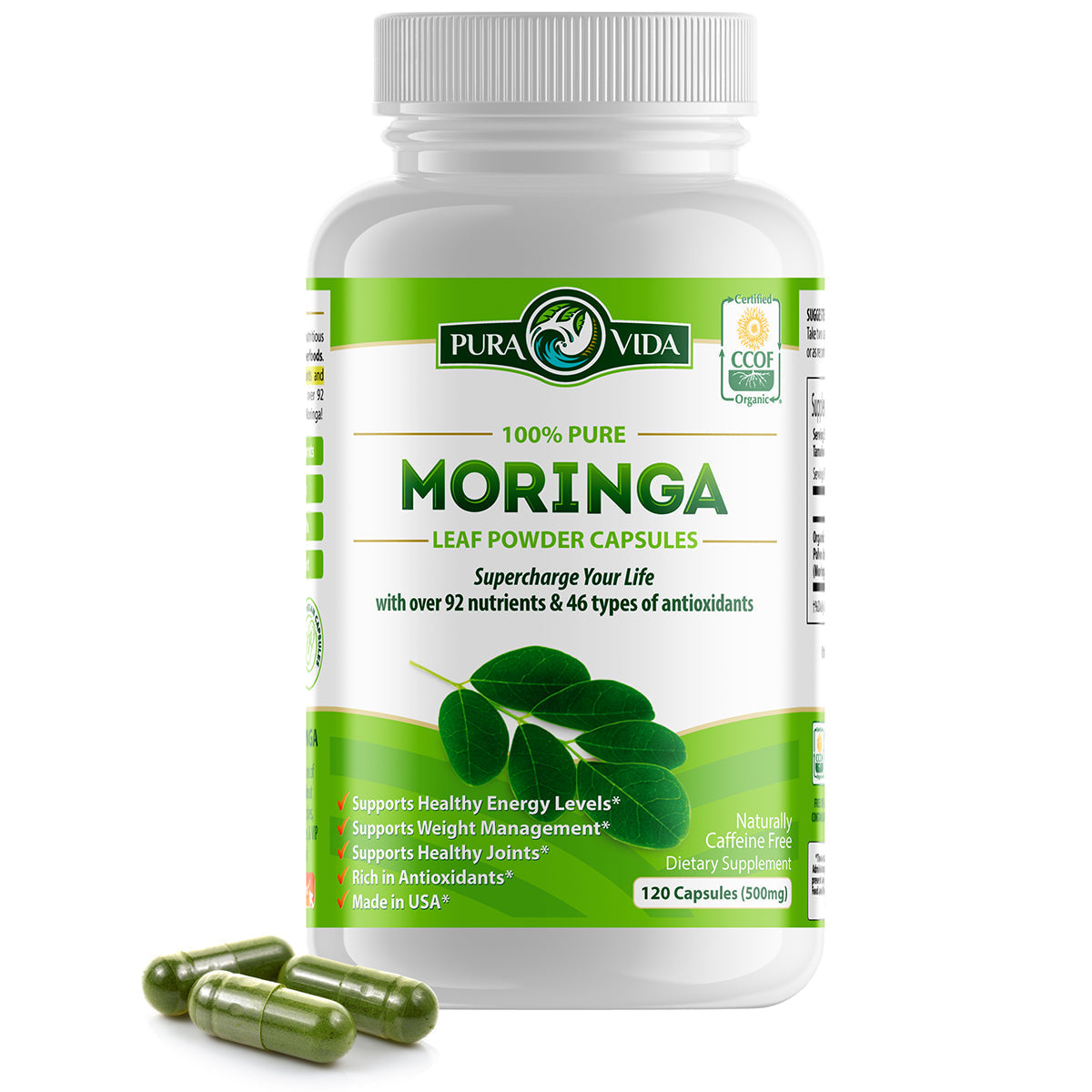 Moringa Leaf Powder Capsules Pura Vida 500mg (120 Capsules)